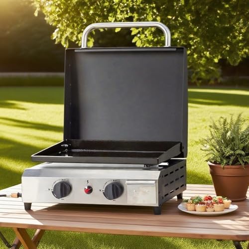 ROVSUN 2 Burner Portable Propane Griddle with Ignition, 20,000 BTU Tabletop Flat Top Gas Grill with Enameled Tray & Lid for Outdoor Cooking Camping BBQ Tailgating Picnicking - Image 6