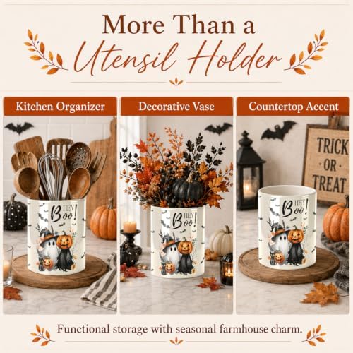 Halloween Cute Ghost Kitchen Utensil Holder, Pumpkin Talavera Large Ceramic Utensil Holder For Countertop Organizer, Summer 6.3'' Cooking Utensil Crocks Scarry Decor Utensil Storage Cup for Kitchen - Image 7