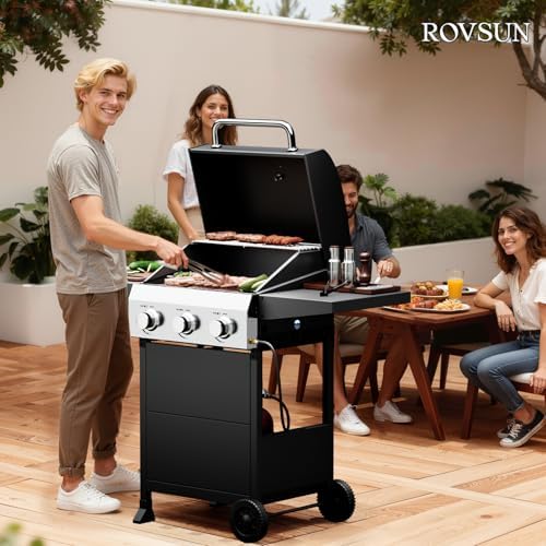 ROVSUN 3 Burner Propane Gas Grill with Foldable Side Shelves, 36000BTU BBQ Grills with Enameled Cast Iron Grates, Cabinet & Poratable Rolling Wheels for Outdoor Garden Patio Backyard Barbecue Cooking - Image 7