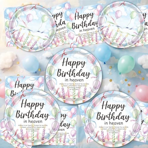 Gameza Happy Birthday in Heaven Party Decorations, 96PCS Heavenly Angel Disposable Paper Plates and Napkins Decor, Funeral Memorial Forks Tableware Set for Condolence Anniversary Supplies Serves 24 - Image 5