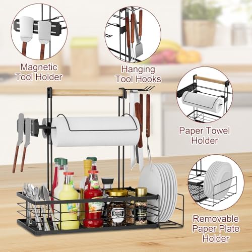 Grill Caddy with Magnetic Tool & Paper Towel Holders, Picnic Utensil Condiment Caddy, Barbecue Grill Tool Organizer for Outdoor Camping, Cooking, Camper - Image 5