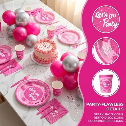 144 Pcs Let's Go Party Tableware Set for 24 Guests, Heavy-Duty 7" & 9" Paper Plates, Cups, 2-Ply 13" Napkins & Plastic Forks, Disposable Pink Party Supplies for Wedding Bridal Shower Party - Image 4