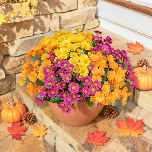 Daisy Artificial Flowers for Outdoors Summer Fall Decoration, 6 Bundles Fake Mums Silk Flowers for Outside Look Real UV Resistant Fake Plants Faux Flowers for Planter Front Door Home Indoor Porch, Mix - Image 3
