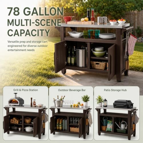 Outdoor Prep & Storage Cart, Stainless Steel Top, 78 Gal, Brown - Image 2