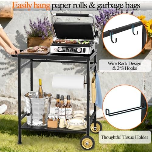 2-Tier Outdoor Grill Table with Wheels, Movable Cooking Food Prep Table for Outside BBQ Gathering, with 23.62" Lx 15.75" W Rust-resistant Tabletop, Griddle Stand for Patio & Backyard & Tools Room - Image 6
