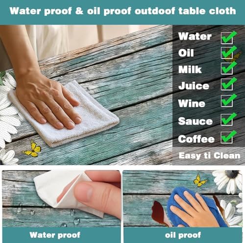Daisy Flowers Picnic Table Cover with Bench Covers and Bag, Camping Essentials, Wooden Grain Waterproof Windproof, Fitted Tablecloth Cover with Elastic Edge, for Indoor & Outdoor, 3 PCS, 30x60 Inch - Image 2