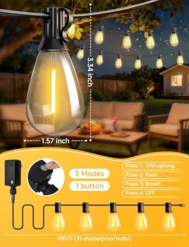 100FT Outdoor String Lights 35 Bulbs with Remote Dimmable Timer Flashing - Image 6