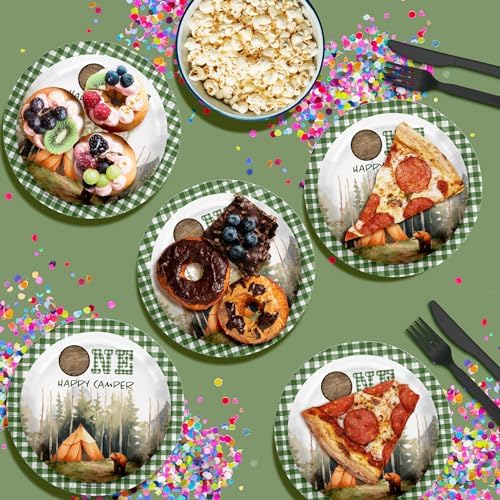 One Happy Camper Boy's First Birthday - 32 Piece Disposable Party Supplies - Decorations for Camping 1st Birthday Round Party Plates - Large 9" Paper Plates In Bulk - Image 4