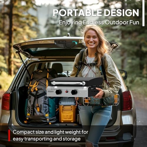 ROVSUN 2 Burner Portable Propane Griddle with Enameled Tray & Lid, 20,000 BTU Tabletop Flat Top Gas Grill with Electronic Ignition & Regulator for Outdoor Cooking Camping BBQ Tailgating Picnicking - Image 4