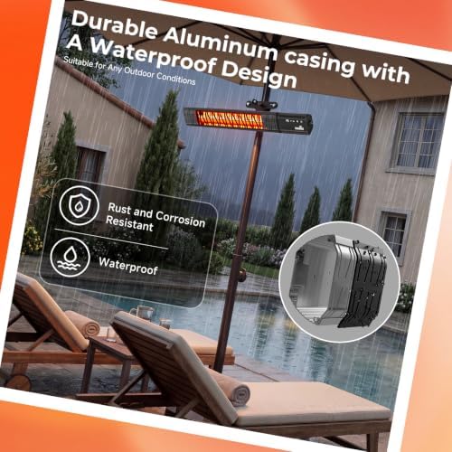 Electric Outdoor Heater for Patio Umbrella Wifi Control Wall-Mounted Hanging Patio 1500W Infrared 9 Heat Levels, 24H Timers, Carbon Fiber Tube Heating Wall Heater for Gazebo, Balcony - Image 4