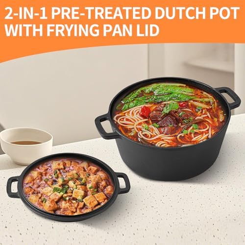 Vivicreate 5 QT Cast Iron Dutch Oven 2 in 1 Pre Seasoned with Skillet Lid Oven Safe Campfire Baking Sourdough Bread Camping Cookware Ollas de Hierro Fundido Para Cocinar Olla de Cocina Grande - Image 7