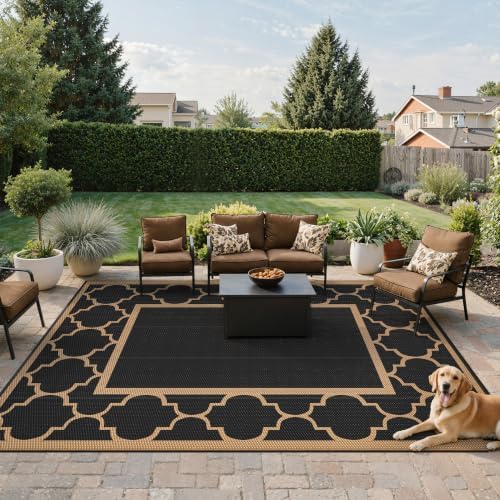 GENIMO Outdoor Rug, Waterproof Plastic Rugs for Patio, 9'x12' Black Brown - Image 2