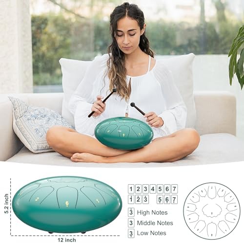 D Major Steel Tongue Drum Handpan, 12 Inch 13 Note Rain Drum for Outside Garden, Meditation Rain Chime, Musical Percussion Instrument for Adult Gift with Bag, Music Book, Drum Mallets (Lake Blue) - Image 3