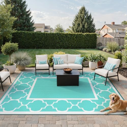GENIMO Outdoor Rug, Waterproof Plastic Rugs for Patio, 8'x10' Aqua Blue - Image 2