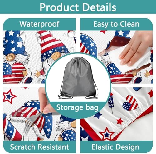 4th of July Picnic Table Cover with Bench Covers, Camping Essentials, Patriotic American Flag Gnomes Stars Table Cover Waterproof Fitted Tablecloth Cover with Elastic Edge for Outdoor 3 PCS 30x60 Inch - Image 5