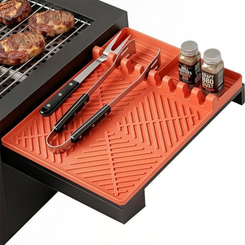 Silicone Grill Mat for Blackstone Griddle, 16x11.5 Extra-Thick Non-Slip Spatula Holder Mat with Grease Drip Pad, Heat Resistant BBQ Utensil Organizer for Side Shelf, Ideal Gifts for Men (Orange) by CraftedtoPerfection