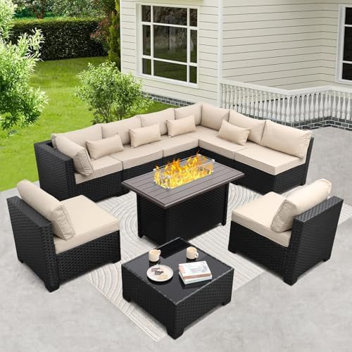 Rattaner 10 Pieces Outdoor Sectional All-Weather Wicker Patio Furniture Set Patio Sectional and Steel Fire Table and Glass Patio Table Non-Slip Cushions and Waterproof Covers, Khaki - Image 2