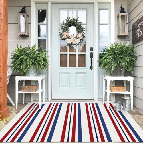 IOHOUZE Patriotic Striped Outdoor Rug 4x6, Washable, Red White Blue by iOhouze