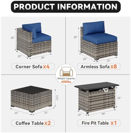 Aoxun Patio Furniture Sets, 15-Piece Outdoor Patio Furniture with 44'' Propane Gas Firepit Table, Wicker Outdoor Conversation Set Sectional Sofa for Backyard, Poolside, Garden - Image 2