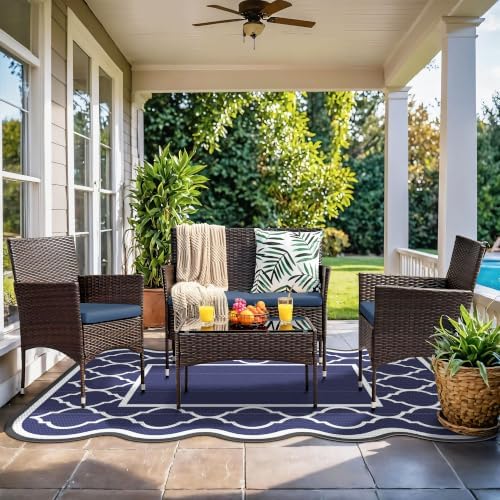 GENIMO Outdoor Rug, Waterproof Plastic Rugs for Patio, 6'x9' Blue Lvory - Image 2