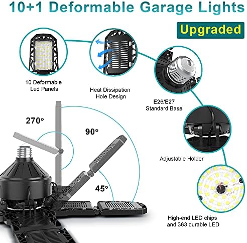 Nexillumi 2-Pack Led Garage Light 180W, 36000LM Garage Lights Ceiling LED with E26/E27 Medium Base, 6000K Deformable LED Shop Lights with 10+1 Adjustable Panels for Garage, Workshop, Attic, Basemen - Image 5