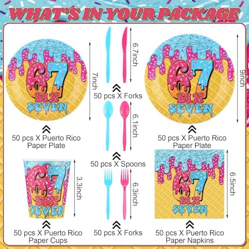 FoldTier 350 Pcs 67 Meme Party Supplies Plates Napkins Fork Paper Cup Ice Cream Disposable Six Seven Themed Tableware Set 6 7 Meme Birthday Party Decorations for Guest Dinner Serves 50 - Image 6