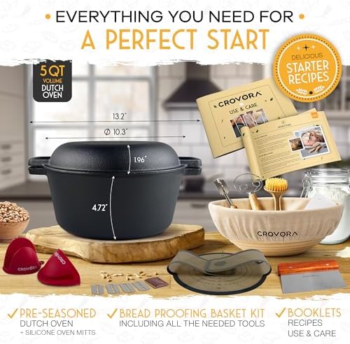 Crovora Pre-Seasoned Cast Iron Dutch Oven for Bread Baking with Skillet Lid - Incl. Sourdough Bread Baking Supplies like Banneton Bread Proofing Basket, 5QT Cast Iron Bread Pan, Bread Oven - Image 3