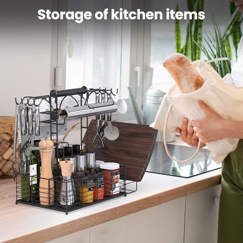 Grill Caddy for Outdoor Grill with 2 Paper Towel Holders,Barbecue Tool Sets Storage Organizer,BBQ Caddy for Outdoor Grill with 9 Compartments & 8 Hooks,Picnic Caddy Grilling Gifts for Men (16.6Inch) - Image 5