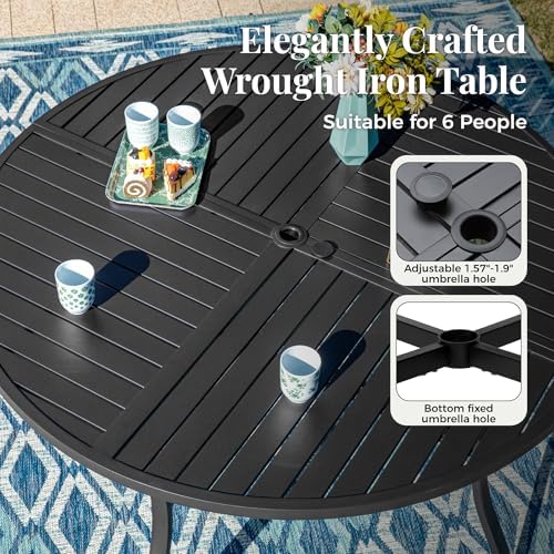 MIXPATIO Patio Round Table w/Umbrella Hole, Metal Table for 6, Black - Image 5