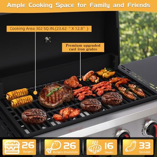 CIG GARDEN 4-Burner Propane Gas Grill, 42,000 BTU Outdoor BBQ with Cast Iron Grates & Side Burner - Backyard, Patio, Camping Grill - Image 3