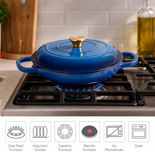 Dutch Oven Enameled Cast Iron with Lid - Big Dual Handles - Oven Safe up to 500°F - Classic Round Pot for Versatile Cooking 3 QT Shallow Pot Blue - Image 4