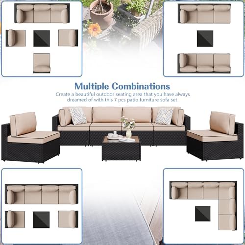 Shintenchi 7 Piece Outdoor Patio Furniture Set with Black PE Rattan, Khaki - Image 2