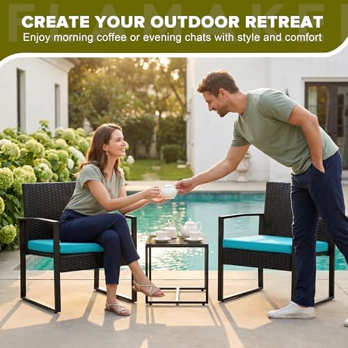 Flamaker 3 Pieces Patio Furniture Set Outdoor Wicker Bistro Chair (Blue) - Image 6