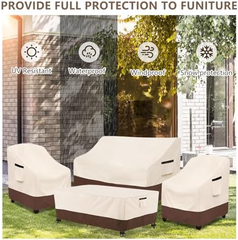 Rileytee Patio Furniture Cover Set, 4 Piece 600D Outdoor Furniture Covers Waterproof, Heavy Duty, Fits Loveseat, 2 Chairs & Coffee Table, Beige & Brown,Small - Image 7