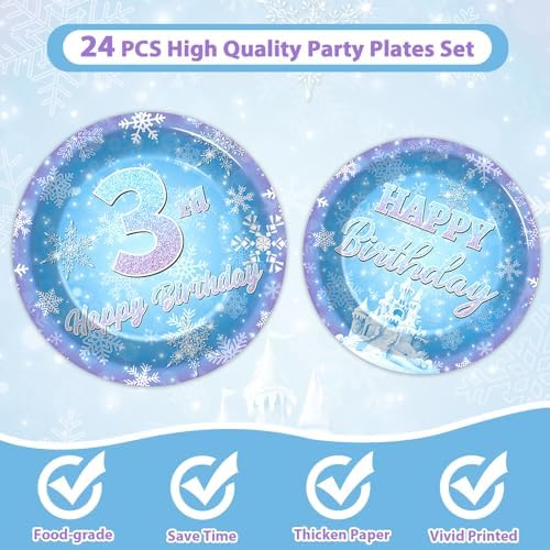 Snowflake Winter Wonderland 3rd Birthday Paper Plates Napkins Forks Disposable Dinnerware Happy 3rd Birthday Blue and Purple Winter Snowflake Tableware for Kids Christmas onderland Party Decorations - Image 3