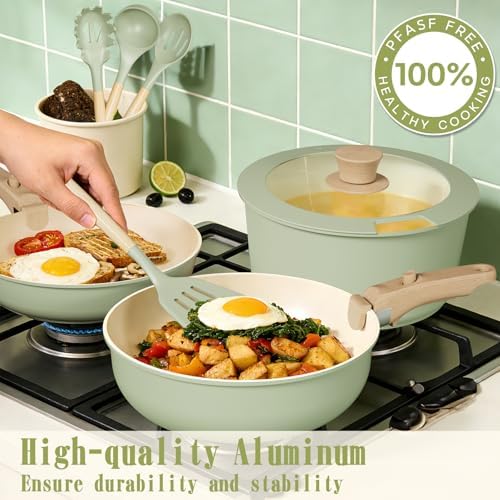 Umite Chef Non Stick Pots and Pans Set, 21 Pcs Ceramic Kitchen Cookware Set with Detachable Handle, Nonstick Healthy Induction Cookware, Dishwasher RV Cookware Set, Oven Safe, Stackable, Sage Green - Image 5