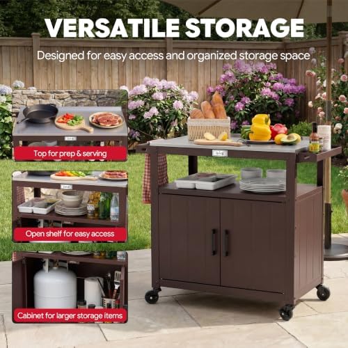 Feasto Outdoor Grill Cart w/Storage Cabinet, Stainless Steel Top, Brown - Image 4