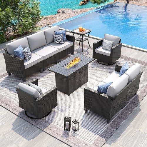 UDPATIO Patio Furniture Set with Fire Pit Table and Swivel Rocking Chairs, 6 Pieces Outdoor Wicker Furniture Set with Waterproof Cover, 4'' Thickened Cushion, Light Grey by UDPATIO