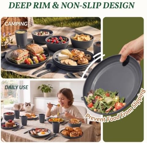 Wheat Straw Dinnerware Sets, Homienly 20pcs Unbreakable Microwave Dishwasher Safe Tableware Lightweight Bowls, Cups, Plates Set Reusable Dinner Plates Bowls set (Dark Grey) - Image 6