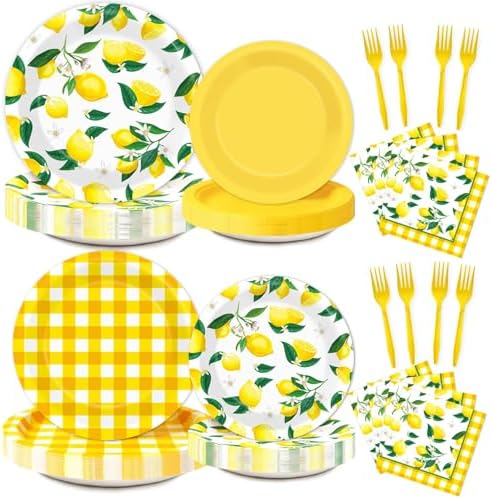 96Pcs Lemon Birthday Party Decorations Lemon Plates and Napkins Yellow Plaid Paper Plates Citrus Fruit Disposable Tableware for Summer Wedding Baby Shower Party Decoration Serve 24 Lemons by Oitnlaughter