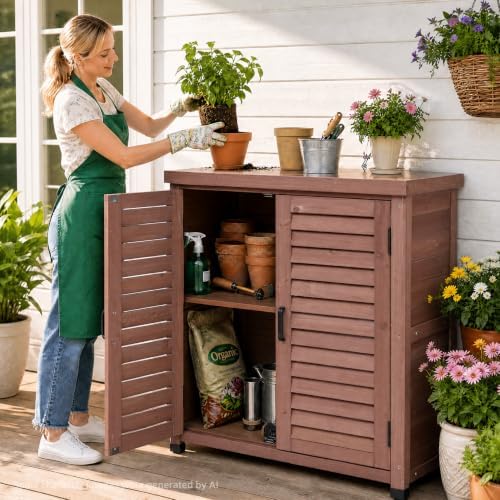 Outdoor Storage Cabinet with Metal Tabletop, Cedar Wood Garden Workstation - Image 2