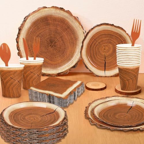 200 Pieces Camping Wood Grain Slice Party Supplies Set Paper Plate Cup Napkin for Camping Woodland Baby Shower Lumberjack Birthday Featuring a Round Wooden Slice Die Cut Edge Design Serve 25 - Image 6