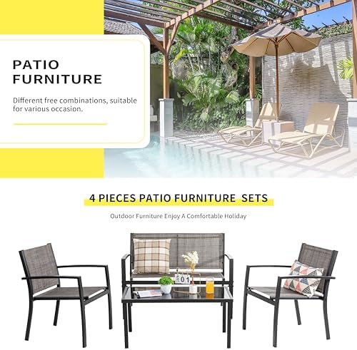 Shintenchi 4 Pieces Patio Furniture Set All Weather Textile Fabric Outdoor Conversation Set, with Glass Coffee Table, Loveseat, 2 Single Chairs for Home, Garden, Lawn, Porch（Light Brown） - Image 2
