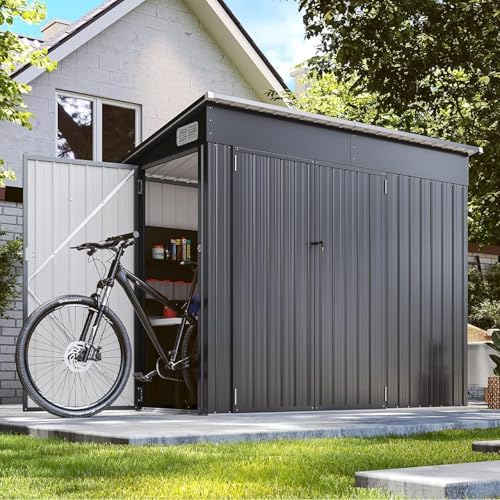 8'x4' Outdoor Storage Shed with Triple Door Lean to Metal Sheds Weatherproof UtilityGalvanized Steel Sheds, Dual Lock Shed with Sloped Roof for Mower, Bike,Generator, Garden Tools (Black) - Image 3