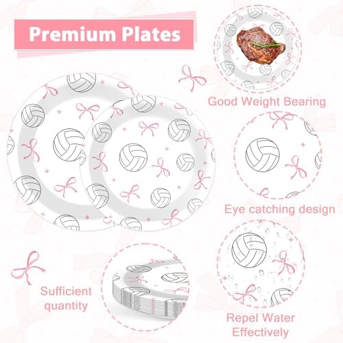 96PCS Volleyball and Bow Party Paper Plates and Napkins for Sports Themed Party Dessert Cake Plates Disposable Decor Pink Bow Volleyball Parties Set for Boys Girls Birthday Gatherings Decorations - Image 3