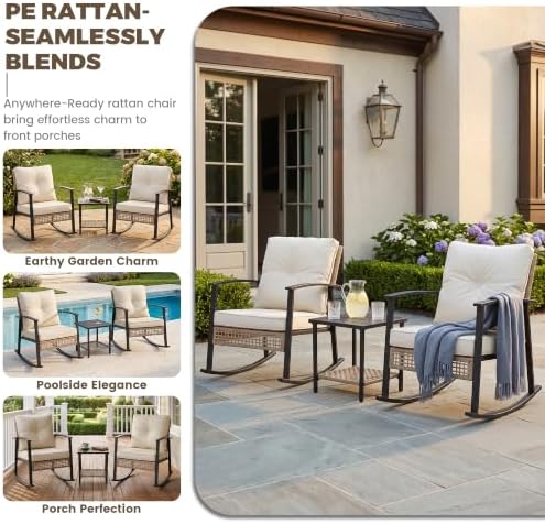 TARKARI 3-Piece Patio Rocking Chairs Set of 2, Rocking Chair Bistro Set [Upgraded 2.0] & 2-Tier Coffee Table, Wicker Rocking Chair Outdoor Patio Furniture Set for Backyard, Porch, Balcony (Beige) - Image 6