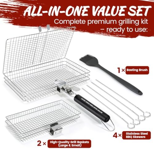 2 Pack Stainless Steel Grill Basket Set with Removable Wooden Handle, BBQ Grilling Rack for Outdoor Cooking, Portable Smoker Grilling Accessories for Fish, Vegetables, Shrimp, Meat & Chicken - Image 3