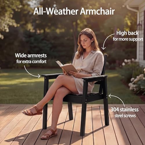 5-Piece Outdoor Dining Set, All-Weather HDPE Patio Furniture, 66.5" Slatted Table with 1.6" Umbrella Hole & 4 Ergonomic Armchairs, Heavy Duty 350lbs Capacity, UV Resistant, Black - Image 6