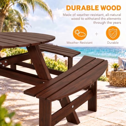 8 Person Wooden Picnic Table, Outdoor Round Picnic Table with 4 Built-in Benches, Umbrella Hole, Outside Table and Bench Set for Patio, Backyard, 500lbs Capacity Per Bench (Brown - 8Person) - Image 4