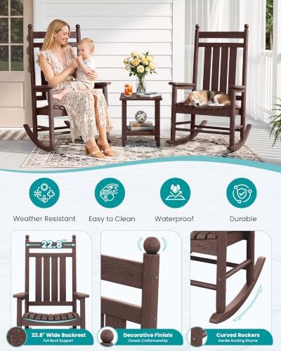 SERWALL Comfortable Outdoor Rocking Chairs Set of 3, Brown - Image 4